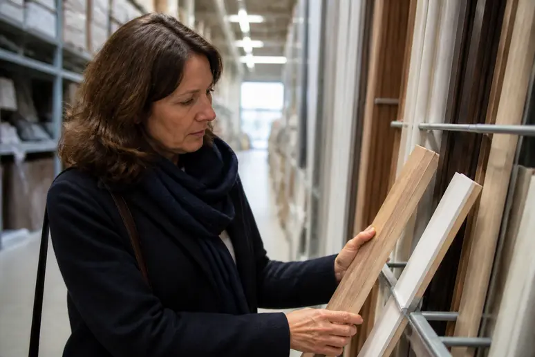 Une femme sélectionne des plinthes en bois dans un magasin de bricolage, une scène de choix décoratifs pour l'intérieur.