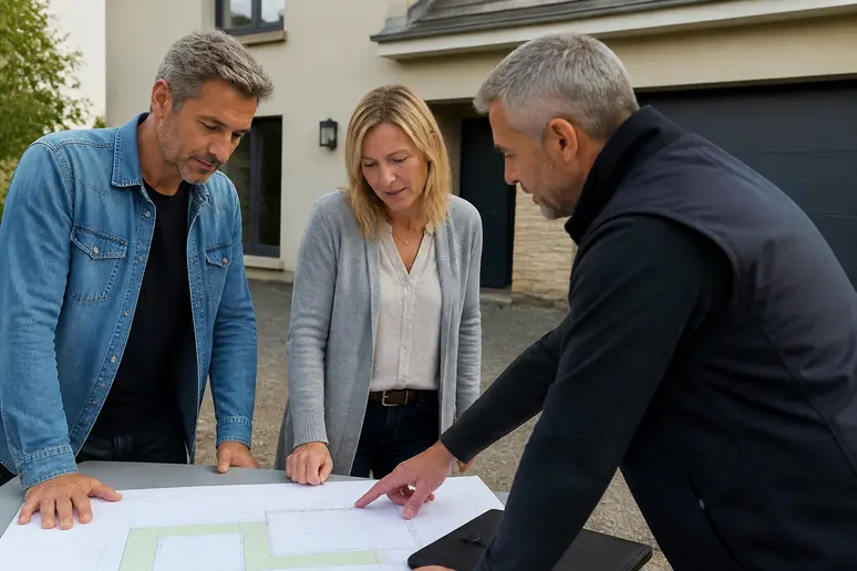 Couple français discutant d'un devis pour la rénovation de leur allée de garage en résine avec un professionnel.