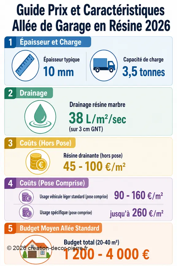 Synthèse visuelle des prix et caractéristiques techniques des allées de garage en résine pour 2026.