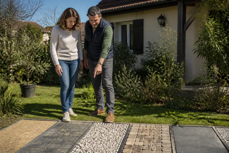Couple français discutant des matériaux pour l'allée de jardin, avec des échantillons étalés au sol.
