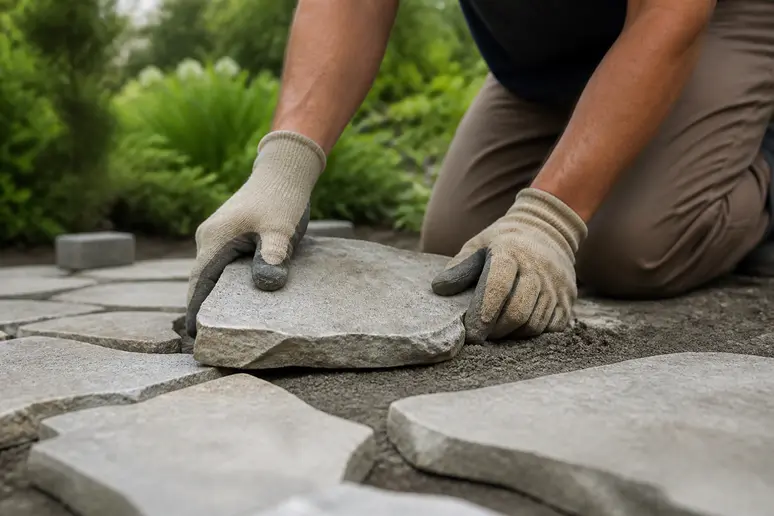 Mains d'un jardinier posant des pavés gris pour former une allée de jardin structurée et esthétique.