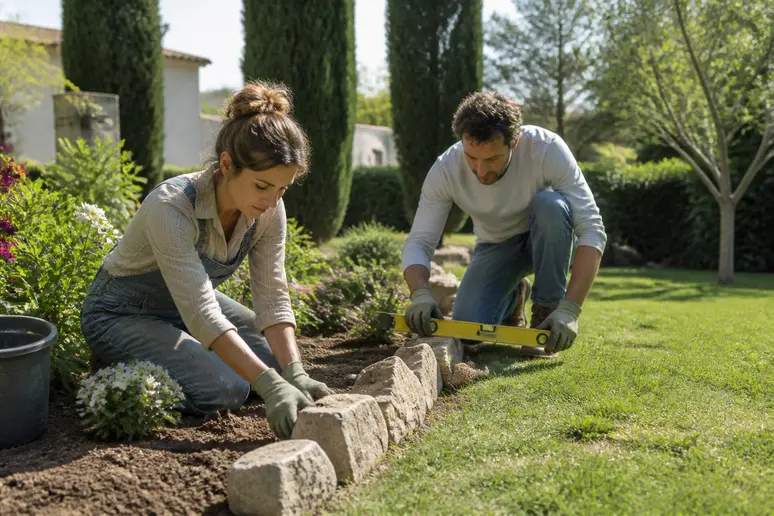 Un couple de jardiniers expérimentés pose des bordures en pierre naturelle pour structurer un parterre de fleurs dans un jardin soigné.
