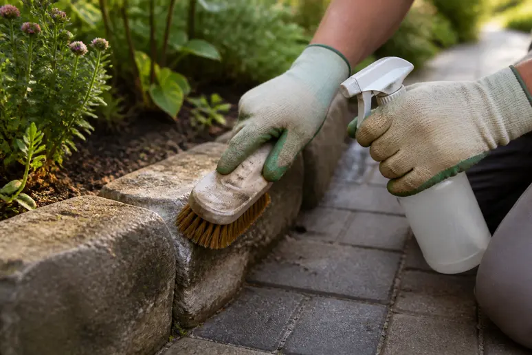 Des mains gantées nettoient méticuleusement des bordures de jardin en pierre avec une brosse douce et un produit adapté.