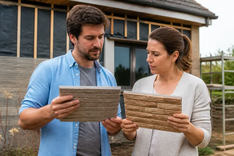 Couple français examinant des échantillons de briques de parement pour choisir le revêtement extérieur de leur maison.