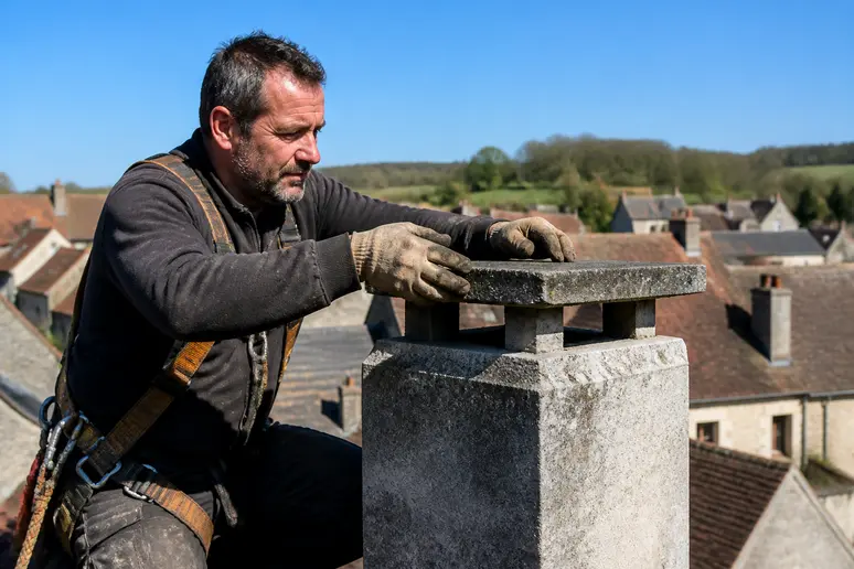 Un couvreur français examine attentivement le sommet d'une cheminée sur un toit pittoresque d'un village.