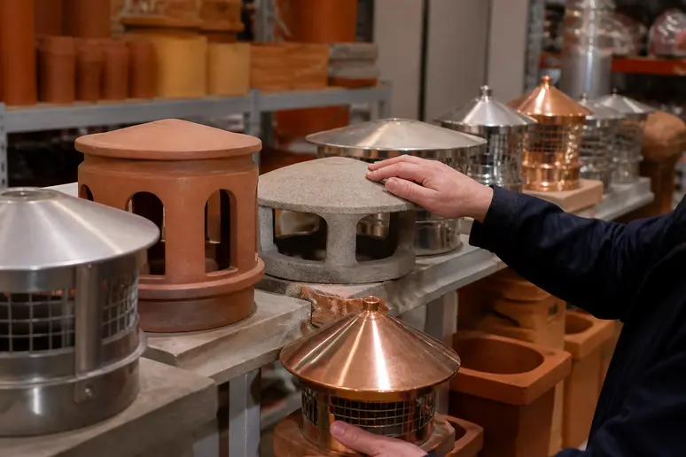Divers modèles de chapeaux de cheminée en différents matériaux exposés dans un magasin de bricolage français.