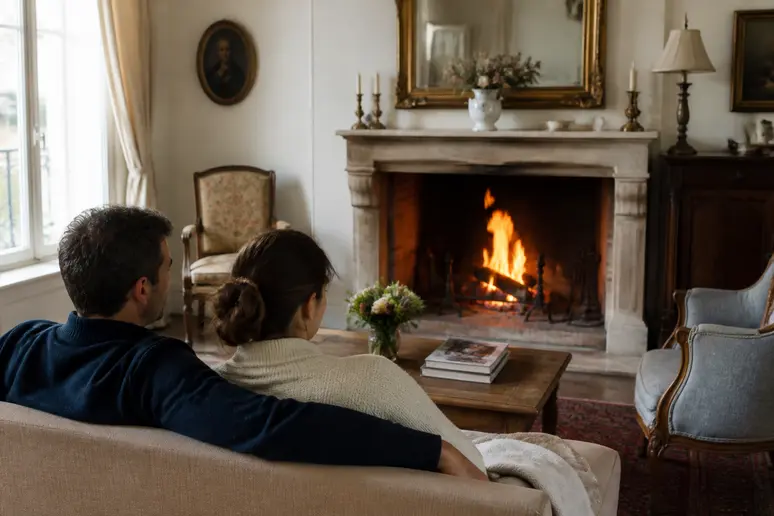 Couple profitant de l'ambiance réconfortante d'une cheminée à foyer ouvert dans un salon français.