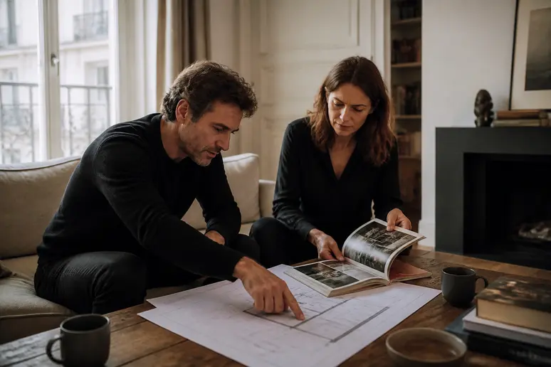 Un couple discute des critères essentiels pour choisir une cheminée design dans un salon lumineux d'un appartement parisien.