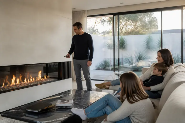 Une famille française profite d'une cheminée design moderne, créant une atmosphère chaleureuse et conviviale dans leur intérieur.