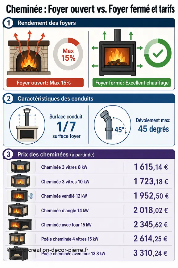 Infographie comparative sur le rendement des cheminées, les spécifications des conduits et les tarifs des différents modèles.