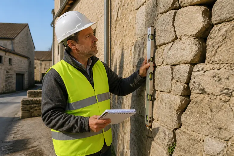 Un maçon français examine attentivement un mur en pierre penché avec un niveau, dans un village rural sous un ciel dégagé.