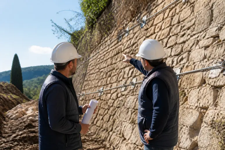 Des ouvriers du bâtiment installent des tirants d'ancrage sur un mur en pierre penché, dans un cadre de chantier français ensoleillé.