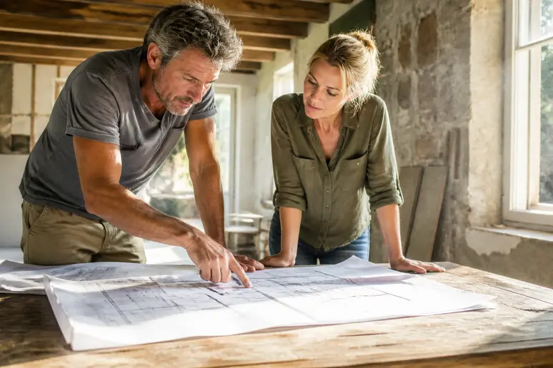 Un couple de propriétaires français discute des plans d'architecte lors de la rénovation de leur maison, évaluant l'impact des choix sur le budget.