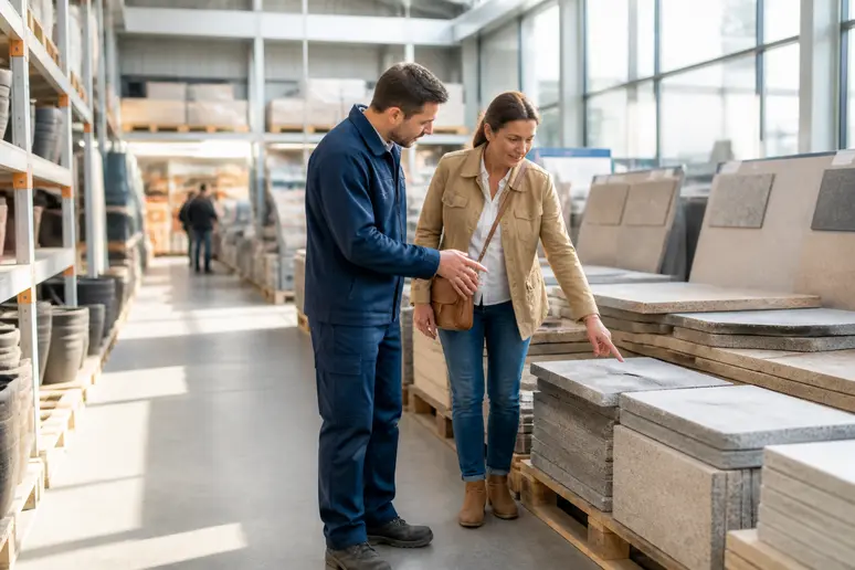 Employé de magasin de bricolage aidant une cliente à choisir des dalles pour son aménagement extérieur.