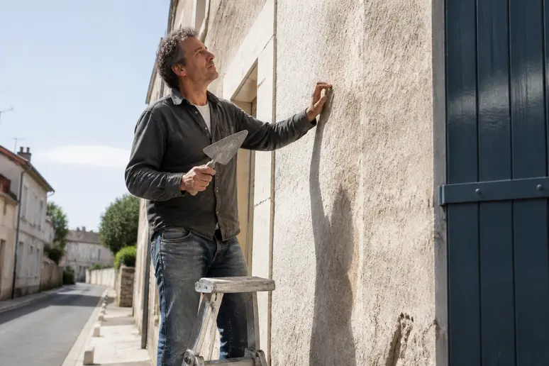 Un homme examine la texture d'un enduit de façade, réfléchissant au meilleur type à choisir pour sa maison.