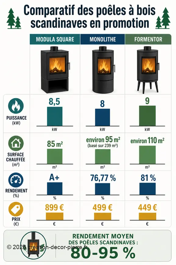 Infographie comparant la puissance, la surface chauffée, le rendement et le prix de poêles à bois scandinaves.