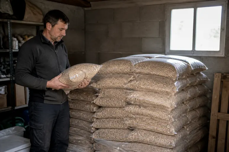Un homme examine un sac d'éco-granulés dans son abri de stockage, comparant les prix pour optimiser son budget de chauffage en 2026.