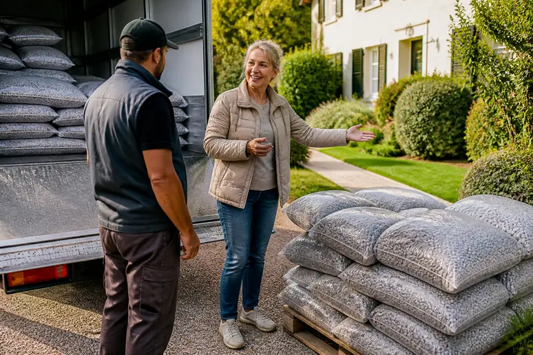 Une femme discute avec un livreur devant un camion de granulés, planifiant son achat estival pour réduire les coûts de chauffage.