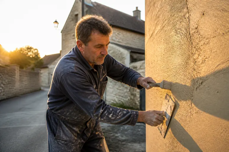 Un maçon français applique un enduit texturé sur une façade de maison, sous la lumière douce du soir.