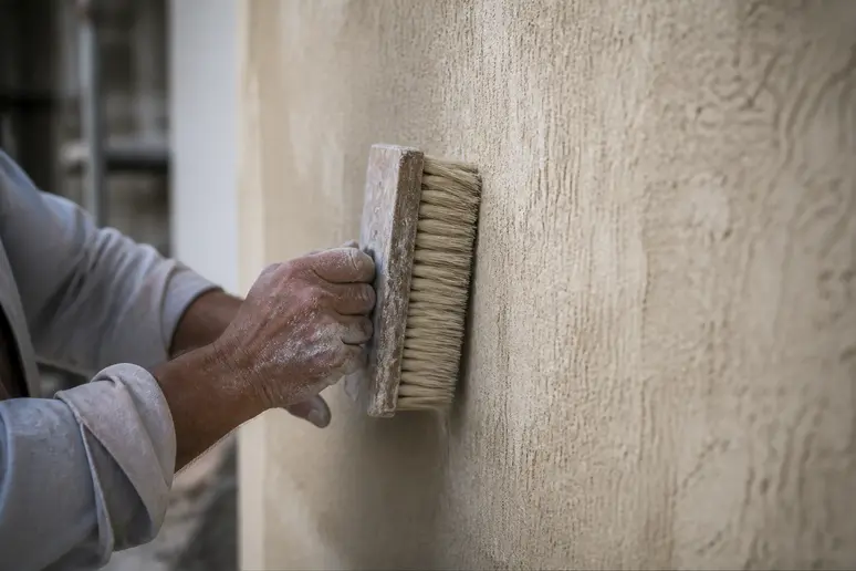 Mains expertes d'un artisan brossant un enduit frais pour obtenir une texture authentique et travaillée.