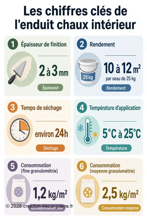 Infographie présentant les chiffres clés : épaisseur, rendement, séchage, température et consommation d'un enduit chaux intérieur.