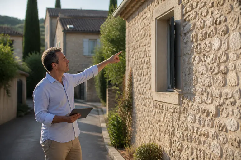 Propriétaire français examine sa façade rénovée avec un enduit imitation pierre authentique par temps ensoleillé.