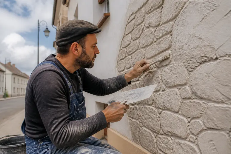 Artisan expérimenté applique et sculpte un enduit imitation pierre sur une façade extérieure avec minutie.