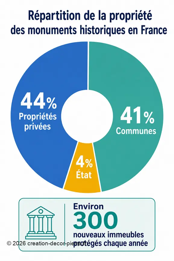 Répartition des propriétaires de monuments historiques en France et nombre de nouvelles protections annuelles.