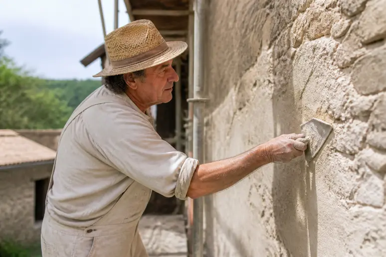 Un artisan français applique un enduit à la chaux sur un mur de pierre ancien, préservant le charme rustique de la bâtisse.