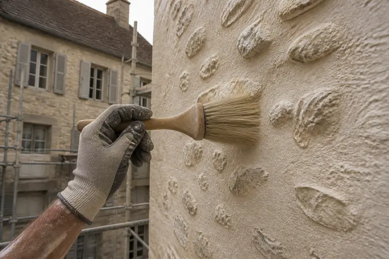 Mains d'un maçon français brossant délicatement un enduit frais pour révéler la texture des pierres de taille.