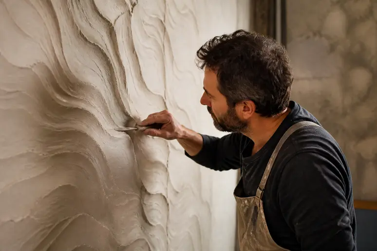 Artisan français sculptant un enduit mural avec précision pour imiter la pierre naturelle sur un mur.
