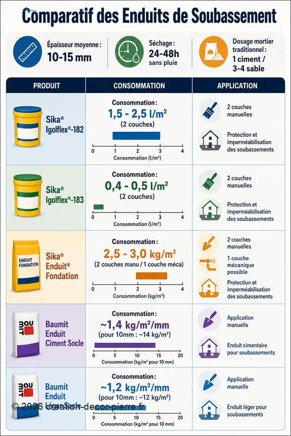 Infographie comparant la consommation et les caractéristiques d'application de différents enduits de soubassement, incluant des données de Sika et Baumit.