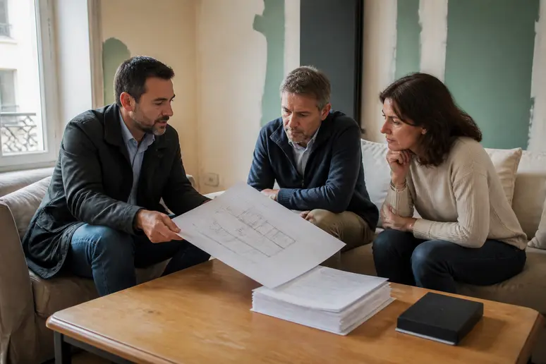 Un artisan présente un contrat détaillé et des plans d'architecte à un couple dans leur salon pendant une rénovation.