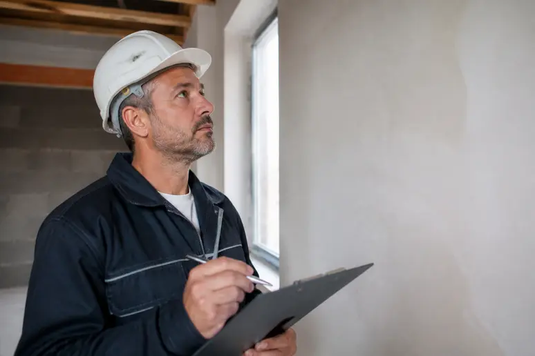 Un ouvrier du bâtiment vérifie la qualité d'un mur fraîchement enduit avec minutie sur un chantier.