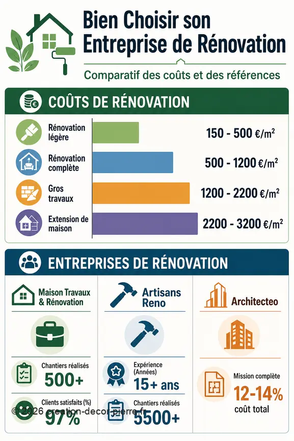 Infographie comparant les coûts moyens des rénovations et l'expérience des entreprises du bâtiment, avec chiffres clés.