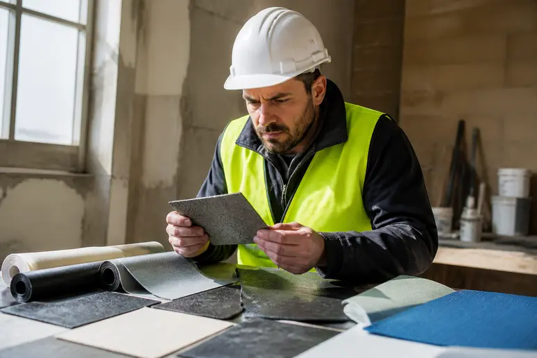 Un ouvrier français examine des échantillons de produits d'étanchéité pour soubassements dans un atelier lumineux et bien rangé.