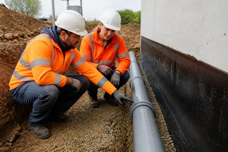 Des professionnels du bâtiment français installent et vérifient un système de drainage périphérique le long d'une fondation.