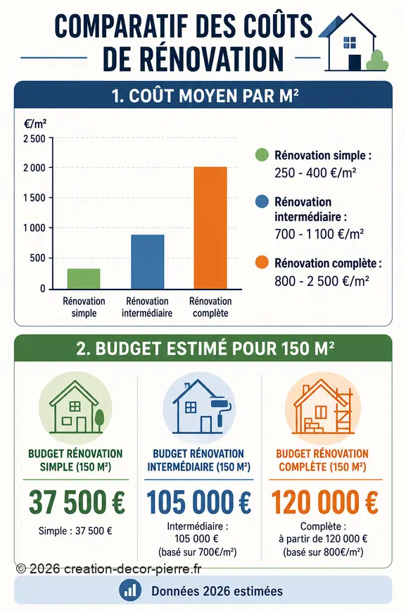 Infographie comparant les coûts de rénovation au m² et le budget total pour une maison de 150 m² en 2026.