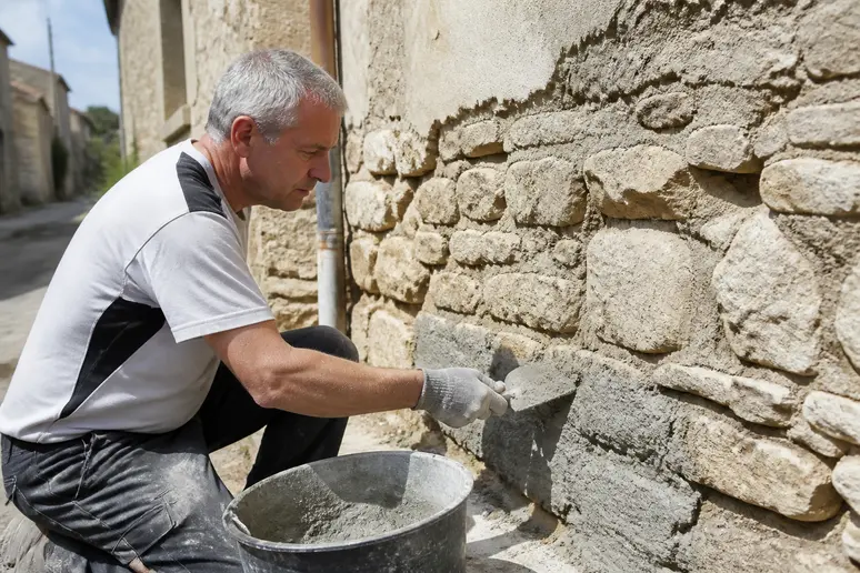 Un maçon français applique un enduit gris sur le bas d'un mur extérieur en pierre, protégeant ainsi les fondations de la maison.
