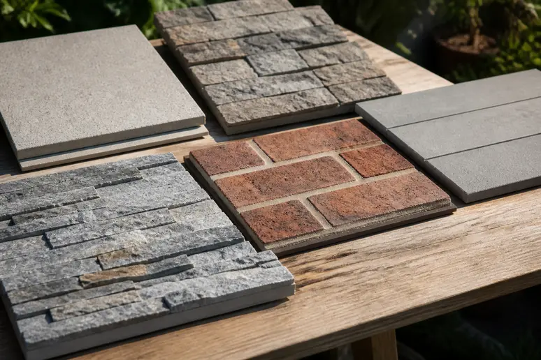 Échantillons de parements décoratifs pour soubassement : pierre, brique et béton, offrant diverses options de protection et d'esthétique.