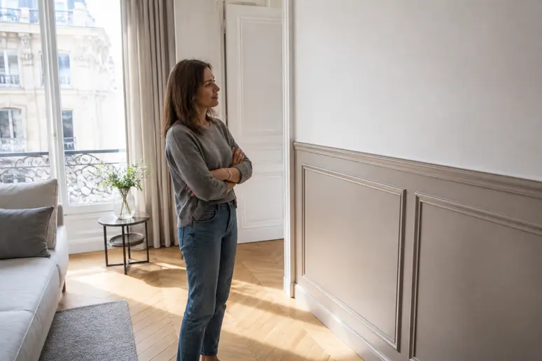 Une femme d'une trentaine d'années observe un soubassement de 120 cm dans un salon parisien lumineux, un choix décoratif et fonctionnel.
