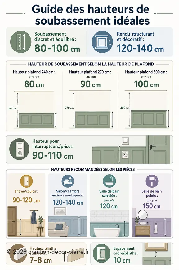 Infographie comparative présentant les hauteurs de soubassement recommandées pour différentes pièces et styles décoratifs.