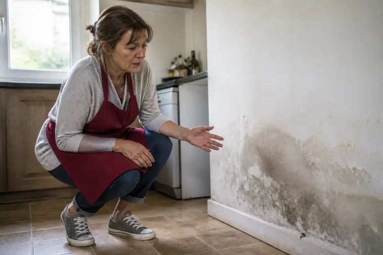 Une femme française examine avec inquiétude le bas d'un mur, témoignant des signes d'humidité ascensionnelle dans sa cuisine.