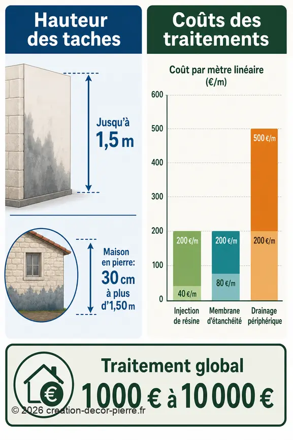 Infographie comparant la hauteur des taches d'humidité ascensionnelle et les coûts variés des différents traitements.