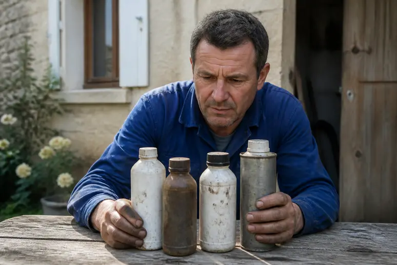 Un artisan français sélectionne attentivement différents produits d'hydrofugation pour murs extérieurs dans son atelier.