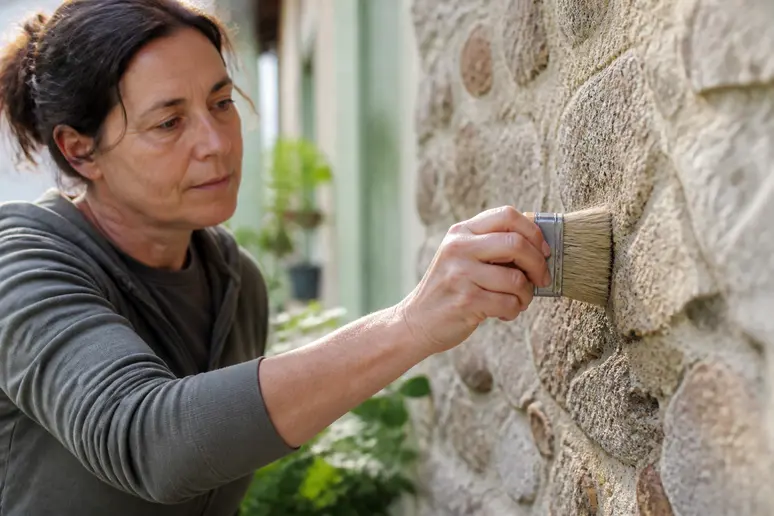 Une propriétaire française entretient délicatement sa façade en pierre avec une brosse douce pour prolonger l'efficacité du traitement hydrofuge.