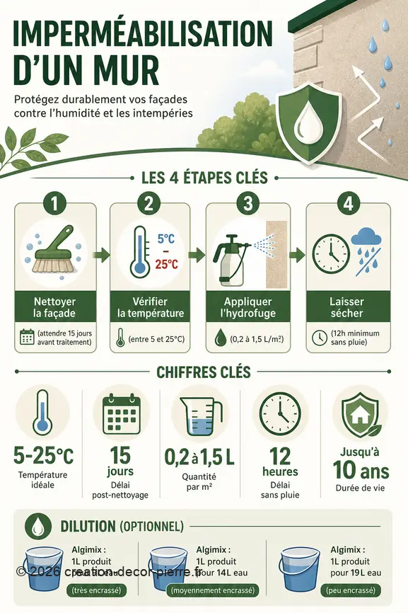 Infographie des étapes et chiffres clés pour hydrofuger un mur extérieur, de la préparation au résultat final.