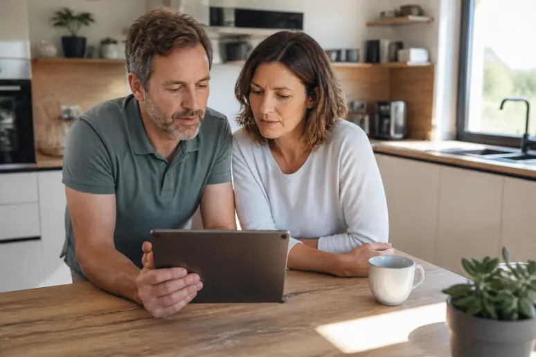 Un couple français discute dans leur cuisine, examinant sur une tablette les informations relatives aux aides financières pour leur projet d'insert de cheminée.