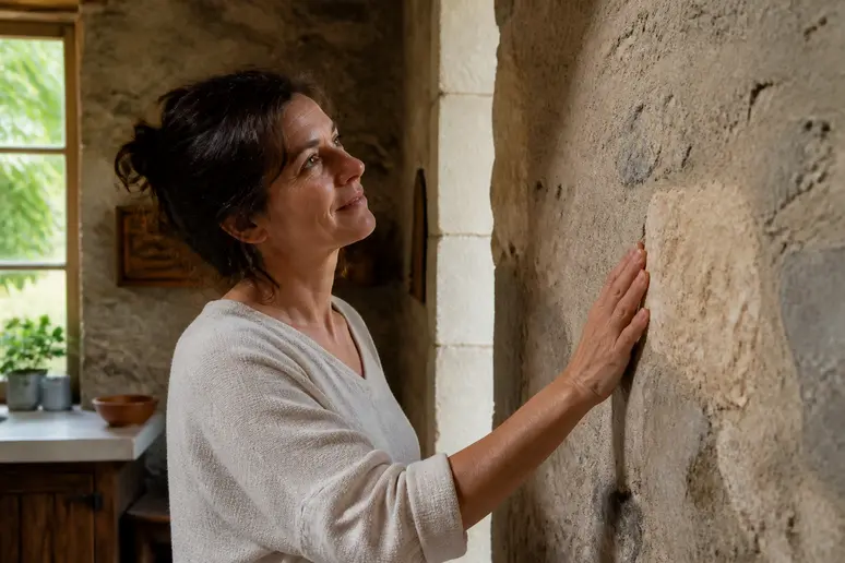 Une femme observe attentivement un mur intérieur en pierre naturelle, appréciant ses textures et sa profondeur authentique.