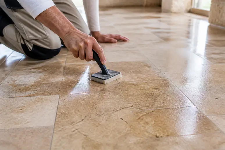Mains d'artisan appliquant avec soin un produit protecteur sur un sol intérieur en pierre naturelle polie.